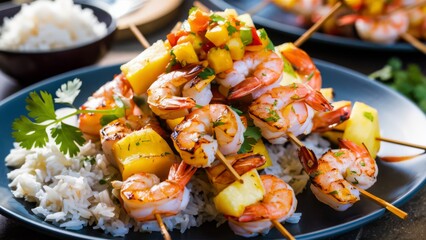 Wall Mural - A plate of a blue dish with shrimp and pineapple skewers, AI