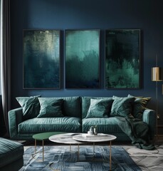 Wall Mural - Stunning 3D rendering of a dark blue living room with sofa and classic modern furniture