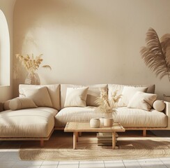 Wall Mural - Home mockup, beige room with natural wooden furniture, Scandinavian boho interior background, 3D rendered