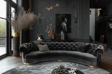 Wall Mural - luxurious velvet haven opulent curved sofa in deep charcoal gray adorned with plush cushions and sophisticated tufted detailing exuding timeless elegance in modern living space