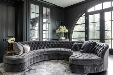 Poster - luxurious velvet haven opulent curved sofa in deep charcoal gray adorned with plush cushions and sophisticated tufted detailing exuding timeless elegance in modern living space