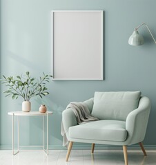 Wall Mural - Scandinavian style interior, mock up poster frame in living room, 3D render