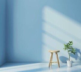 Wall Mural - Blue mock up background of a living room interior with a chair and plant, 3D render of an empty living room with a plant