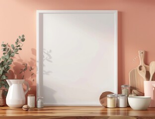 Wall Mural - 3D render of a frame in a kitchen interior with a farmhouse style