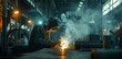 © GreenOptix - worker is welding in the workshop, smoke from sparks and bright light illuminates his face. metal parts of different shapes on shelves around him. He wears protective glasses, gloves and an apron