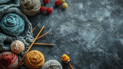 Wall Mural - Knitting supplies with yarn, knitting needles, and a measuring tape isolated on a solid red background