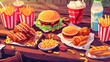 © dinny - An assortment of fast food filled with chicken, beef and herbs on a dark stone table. Buffet scene with take-out or delivery. Burgers, shawarma and hot dogs. Top view