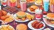 © dinny - An assortment of fast food filled with chicken, beef and herbs on a dark stone table. Buffet scene with take-out or delivery. Burgers, shawarma and hot dogs. Top view