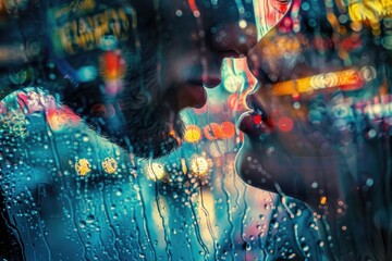 Passion in the Rain: A Couple in Love Kissing Inside a Car, With Raindrops on the Glass Creating a Perfectly Romantic Scene.
