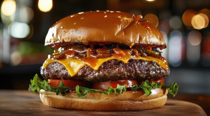 Wall Mural - Juicy Cheeseburger With Sesame Seed Bun and Lettuce on Wooden Table