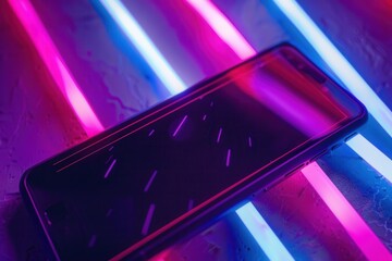 Leinwandbilder - A close-up of a smartphone displaying a video stream, illuminated by vibrant pink and blue neon lights. Generative AI