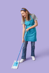 Sticker - Pretty woman mopping floor on purple background