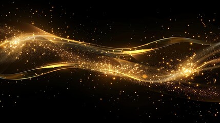 Wall Mural - Golden line with sparkling light effects, glowing on a sleek black background for an elegant design