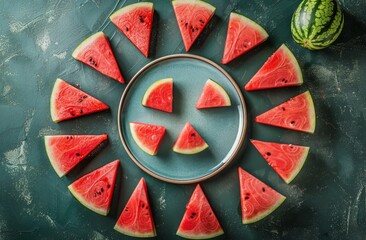 Wall Mural - Fresh Watermelon Slices on a Teal Background
