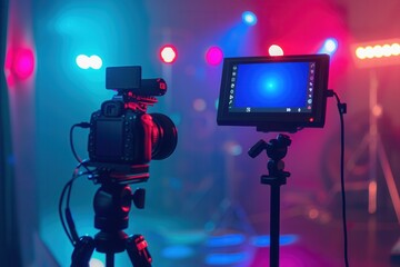 Poster - A professional video camera and monitor setup with vibrant blue and pink lighting in a studio environment. Generative AI