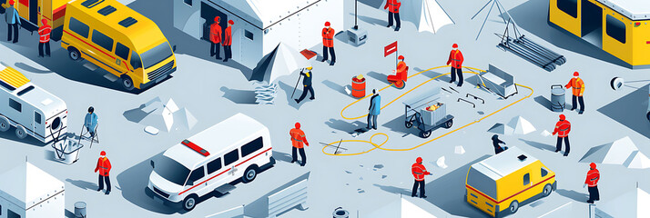 Wall Mural - Emergency medical team setting up a triage area at a disaster site close scrutiny infographic of triage operations