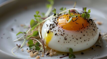 Canvas Print - A white plate topped with an egg and sprinkled herbs, AI