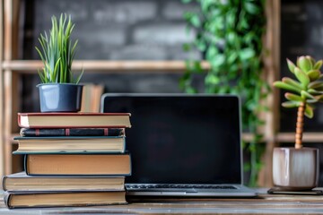 Aufkleber - A stack of textbooks sits on a desk next to a closed laptop, symbolizing modern learning methods. Generative AI