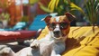 © Fitriyani - dog generative ai concepts jack sunbathing russell summer lounger vacation sun terrier sunglasses tanning holiday relax funny cute sunny beach humor puppy lazy hot tropical glasses chair doggy heat.