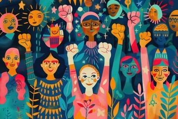 Wall Mural - unity in diversity celebration colorful illustration of multiethnic group raising fists in solidarity surrounded by cultural symbols and empowering messages