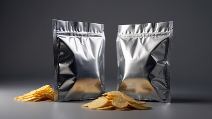 Wall Mural - 3d render of blank white foil bag packaging for chips or snacks  mockup isolated on gray background,product, plastic, bag, blank, mockup, template, container, white, food, retail, glossy, pouch