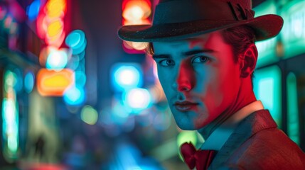 Poster - A man in a suit and bow tie with neon lights behind him, AI