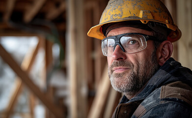 Professional builder looking optimistic into the far away, camera directed at the builder, strong context