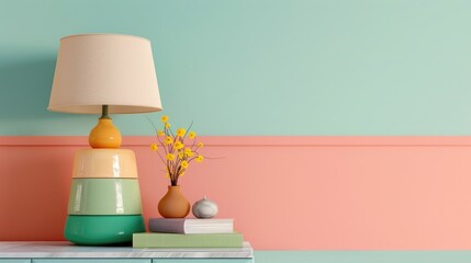 Poster - Stylish lamp and books on table in room beside colorful wall