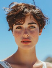 Portrait of a beautiful woman with short brown hair, looking at the camera in the front, clear blue sky background, skin texture details, close-up shot, pastel pink , natural makeu