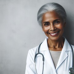 Elderly Afro-American female doctor in white professional clothes ,woman smiling