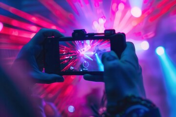 A close-up shot of a persons hands holding a smartphone filming a stage show lit with colorful lights. Generative AI