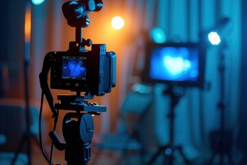Poster - a professional video camera with a microphone is set up on a tripod, ready to capture vibrant and dy
