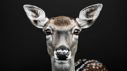 Close-up of a deer's face, detailed fur and expressive eyes, isolated against a contrasting black and white backdrop