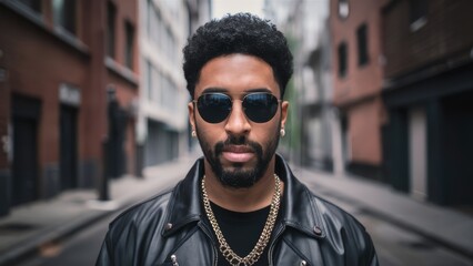 Canvas Print - A man with sunglasses and a black jacket standing in the middle of an alley, AI