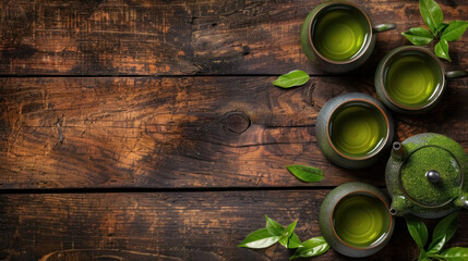 Wall Mural - organic green tea cups fresh leaves wooden table top view tranquil tea setting