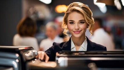 Poster - A woman smiling while holding a toaster in her hand, AI