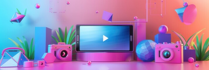 Aufkleber - A colorful and modern studio setting with a tablet displaying video streaming, perfect for vloggers and content creators. Generative AI