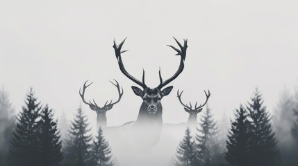 Majestic deer with intricate antlers, doe, and fawn in a mystical misty forest, surrounded by tall coniferous trees, black and white silhouettes