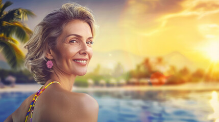 Wall Mural - A woman is smiling and standing in front of a pool