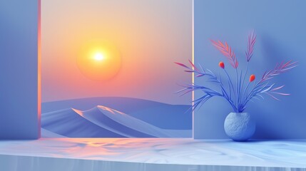 Wall Mural - A vase of a flower in front of the sun and mountains, AI