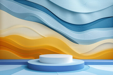Wall Mural - A simple podium set against a modern abstract background with dynamic wave patterns in contrasting colors.
