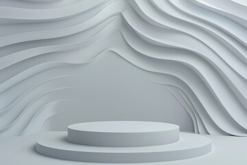 Wall Mural - A simple podium set against a minimal abstract background featuring soft, curving wave patterns in light grays.