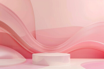 Wall Mural - A simple podium set against a minimal abstract background featuring gentle wave designs in shades of pink.