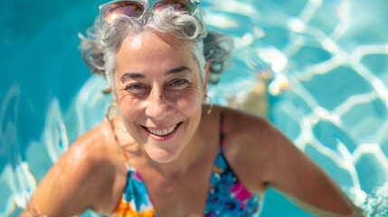 Sticker - A woman in a colorful bikini is smiling in a pool