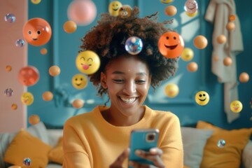 Aufkleber - A Black woman smiles while on her smartphone at home, surrounded by animated social media icons for a fun online experience. Generative AI