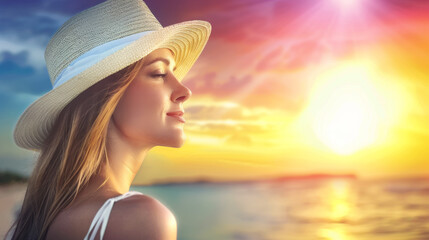 Wall Mural - A woman wearing a straw hat is standing on a beach, looking out at the ocean