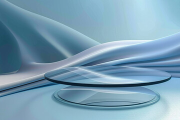 Wall Mural - A sleek glass podium on a minimal abstract background with smooth, curving blue wave patterns.