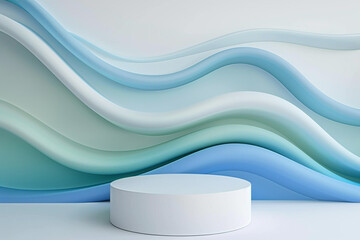 Wall Mural - A sleek white podium on a minimal abstract background featuring smooth, flowing blue and green wave patterns.