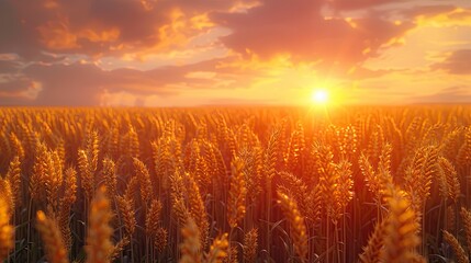 Wall Mural - backdrop of ripening ears of yellow wheat field on the sunset cloudy orange sky background.  