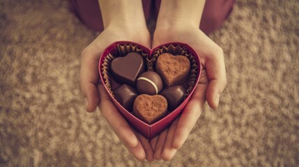 Poster - A person holding a heart shaped box of chocolates in their hands, AI